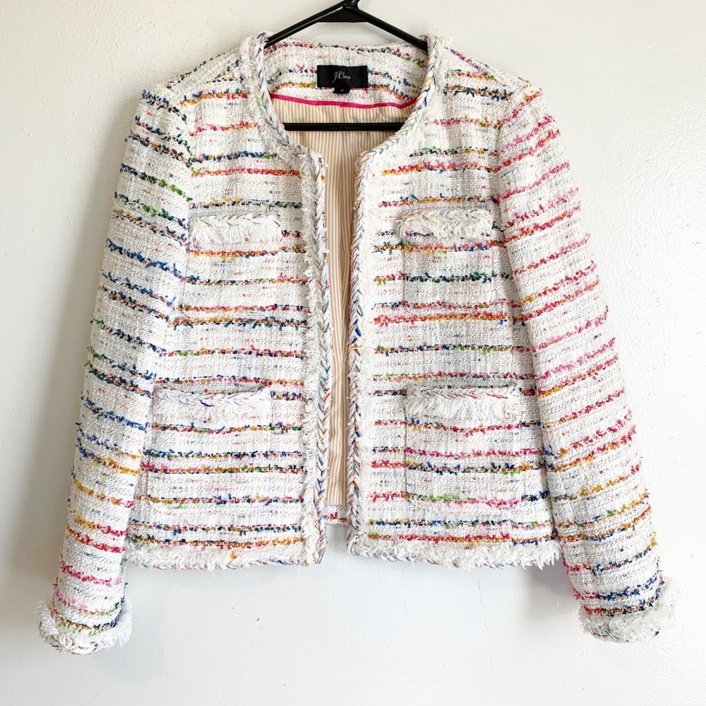 SALE🔥 J.Crew Tweed The Lady Jacket White Rainbow Multicolor Fringe Jacket 6